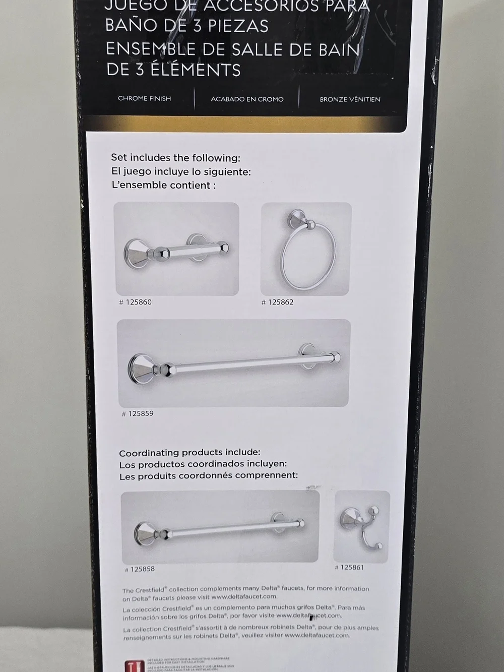 Delta Crestfield 3 Piece Bath Kit 138294 Chrome Towel Bar Ring Toilet Paper Hold